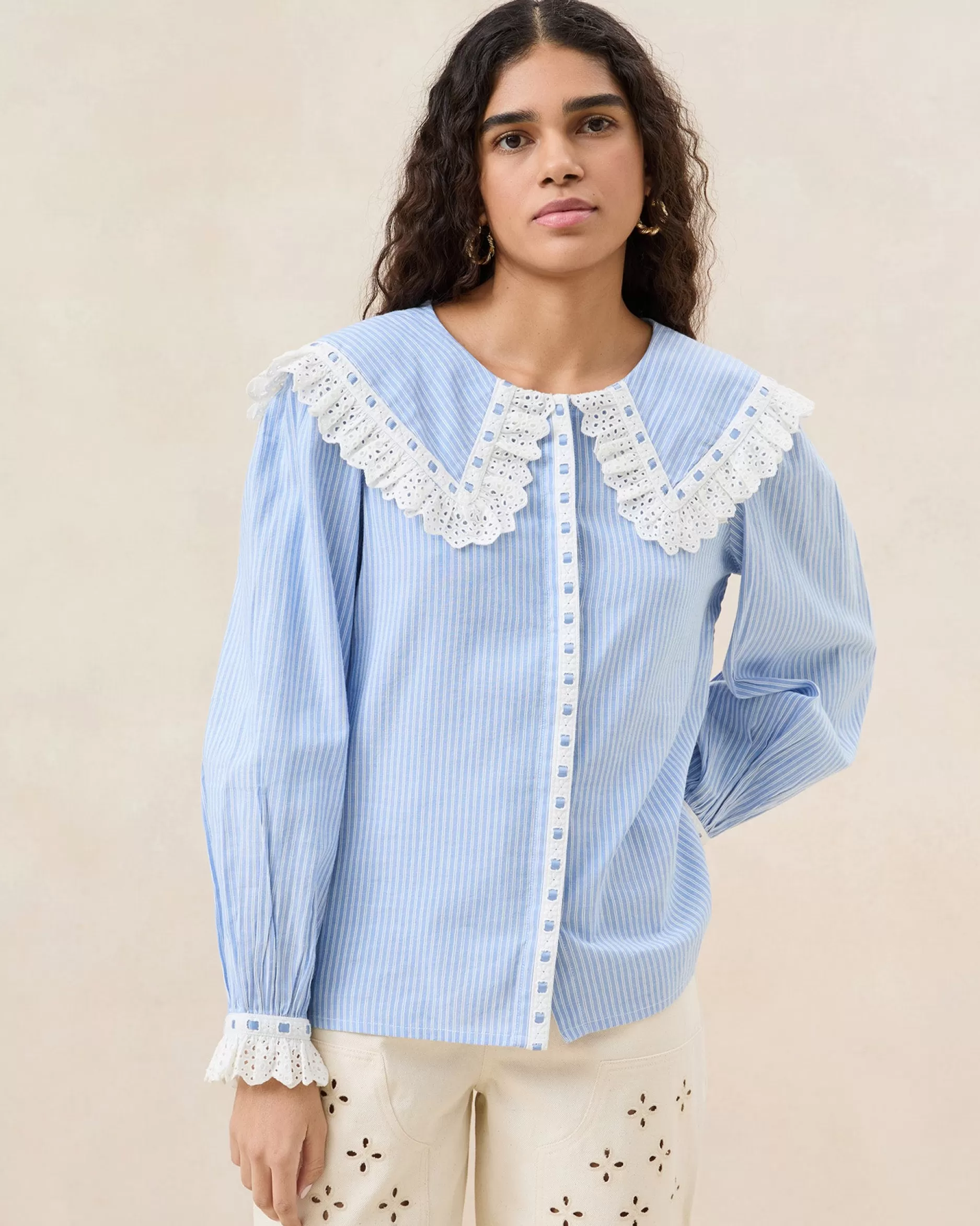 Loeffler Randall Daisy Blue Broderie Collared Blouse