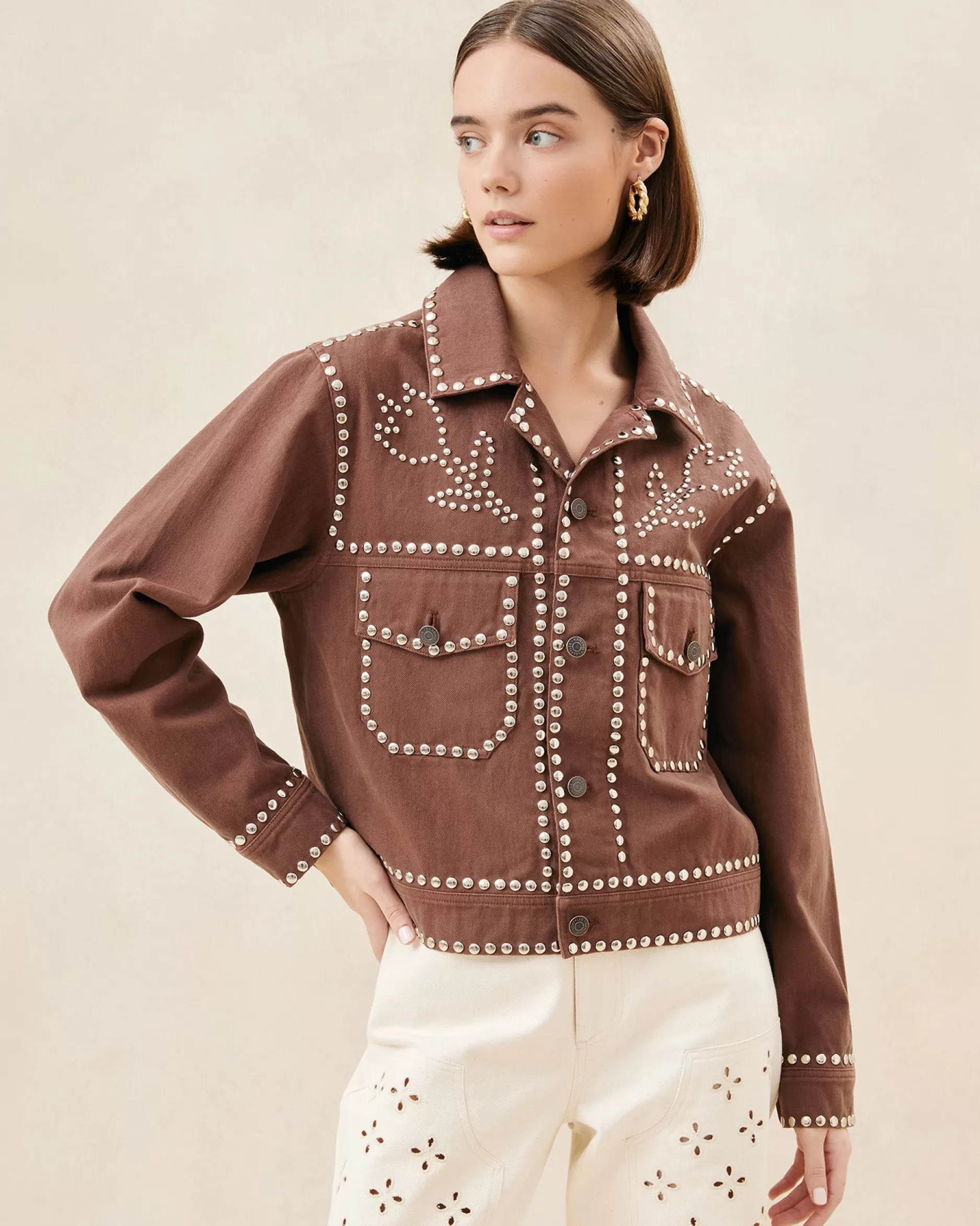 Loeffler Randall Elijah Espresso Studded Denim Jacket