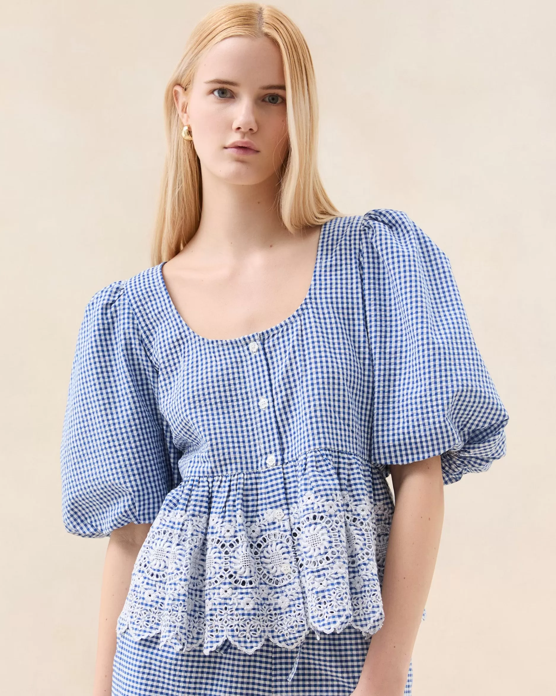 Loeffler Randall Jodie Blue Gingham Embroidered Top