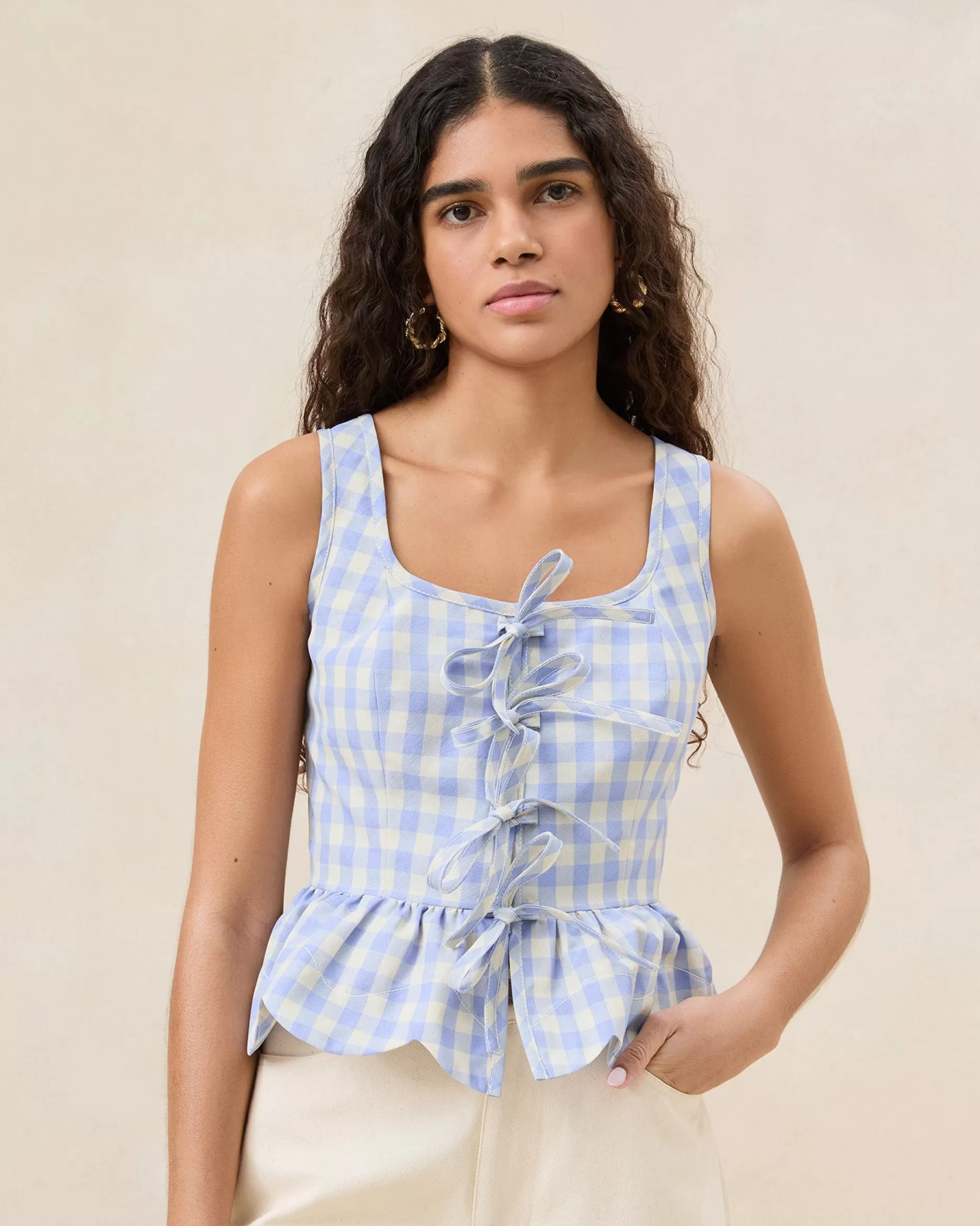 Loeffler Randall Pilar Blue Gingham Ruffle Top